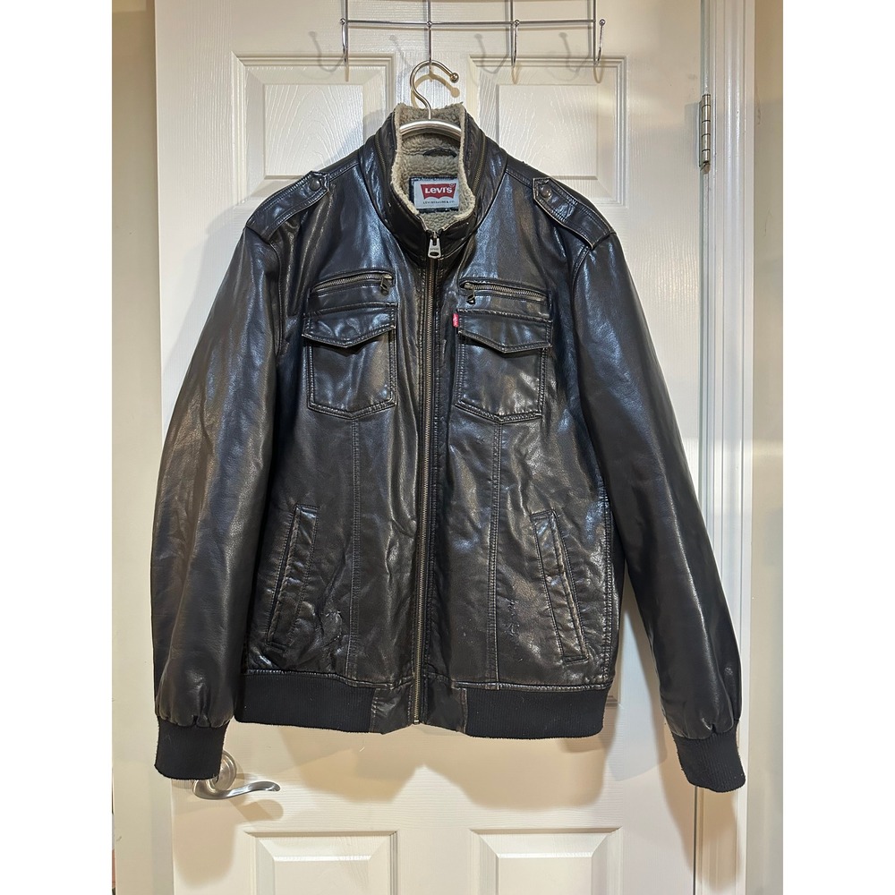 Levis Mens Faux Leather Sherpa Lined Bomber Jacket Black Full Zip Military Style